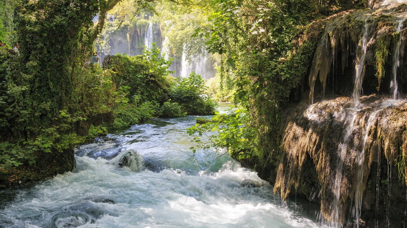 foam, cascades, moss, waterfall, river, nature, duden waterfalls, turkey, body of water, vegetation, arroyo, rapid, 1080P, antalya, water, tree, stream