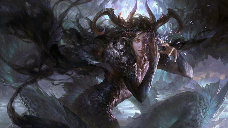 capricorn, fantasy, drawing, 1080P, illustration, dark, hd, horns, elf, female