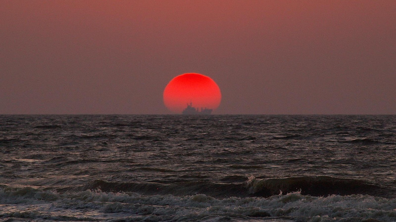 1080P, waves, nature and landscapes, horizon, ship, majestic, sunset