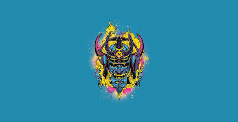 samurai, 1080P, minimalism, artwork, simple background, blue background