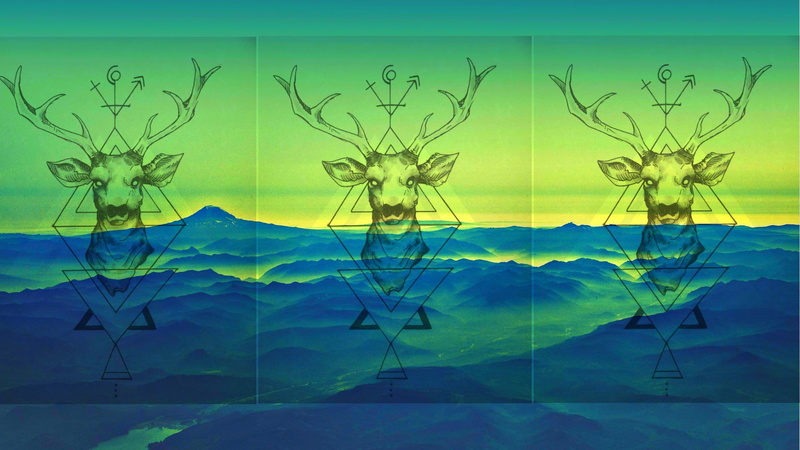 close-up, head, painting, animals, deer, leaf, mountains, collage, multiple exposure, digital art, reindeer, drawing, digital composite, indoors, triangle
