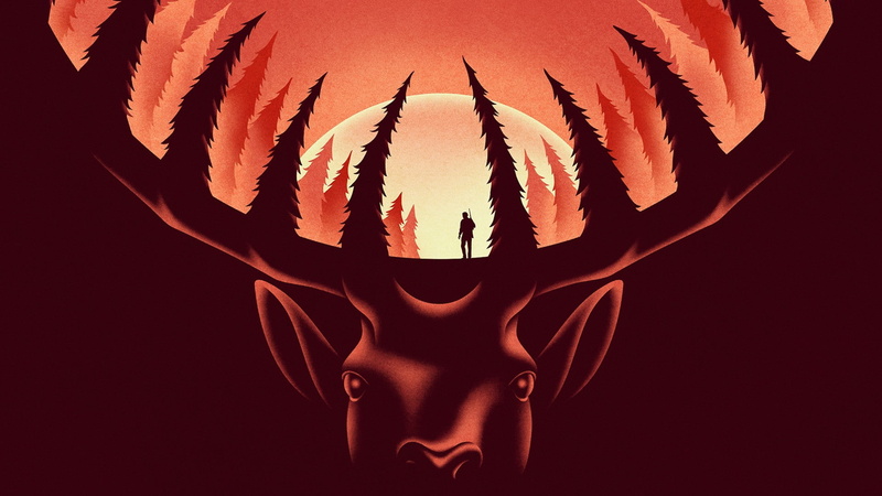 simple background, antlers, The Deer Hunter, deer, 1080P, movie poster, nature, animals, trees, hunter, movies, Moon
