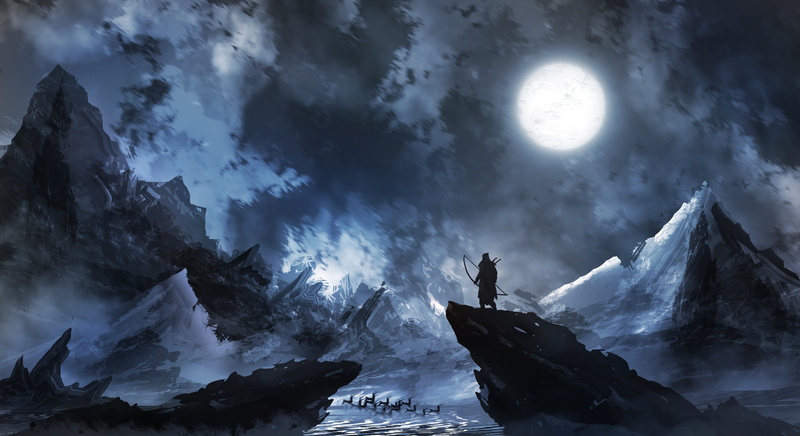 winter, bow, snowcapped mountain, solid, sky, fantasy art, rock, holding, beauty in nature, lifestyles, one person, leisure activity, hiking, mountain