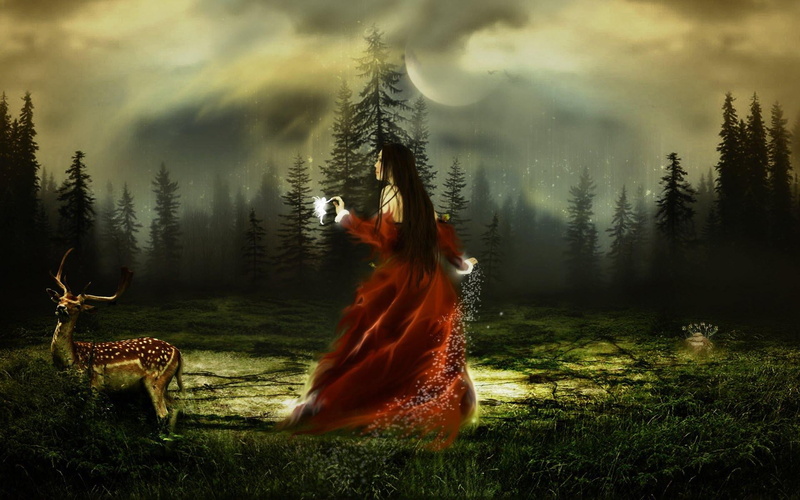 near, red, fantasy girls, woman, girl, deer, 1080P, dress, fantasy, painting, animated