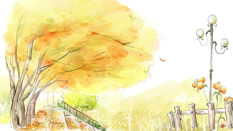 1080P, artistic, wind, trees, stairs, leaves, fall, lamp, field, blow, 3d and abstrac, tree, orange, autumn, fence, illustration, firefox persona, leaf