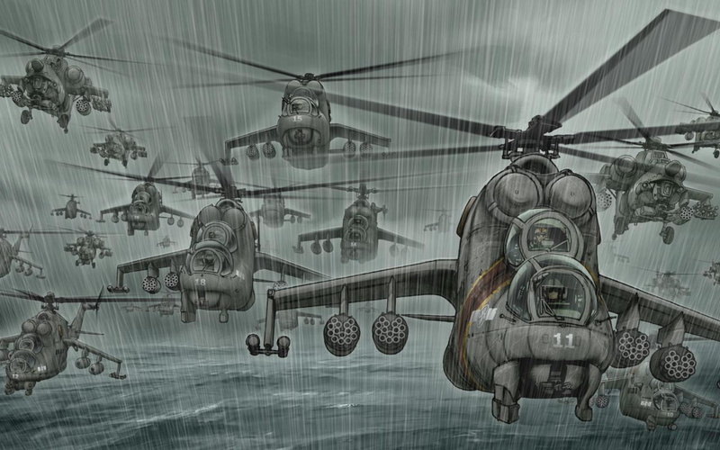Mi-24, Rain, Mi 28, 1080P, Helicopters, A lot, The shower, Sea, Mi 24, " DOE", Helicopter, Hind, Art, Ми28, DOE, BBC, Mi-28
