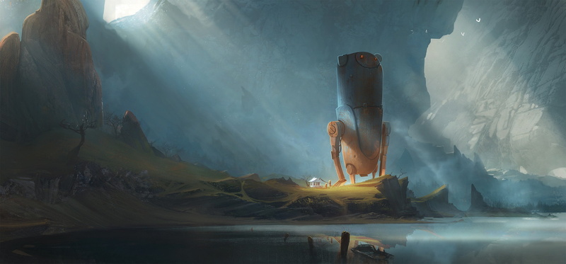 mountains, robot, 2K, lake, Exphrasis, fantasy art, landscape, drawing, digital art, sun rays
