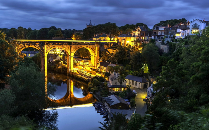 Houses, Lights, River, North, Yorkshire, Night, England, 2K, Bridge, Knaresborough