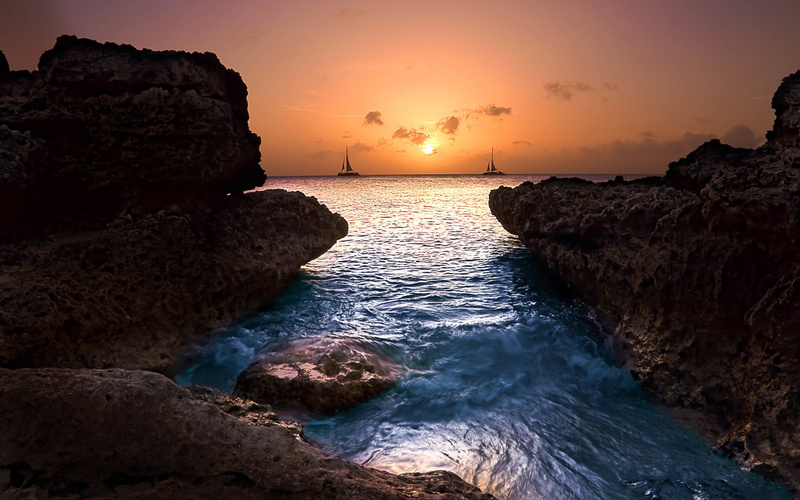 sunset, boats, AW, rock, 2K, Washington, rocks, formation, ocean