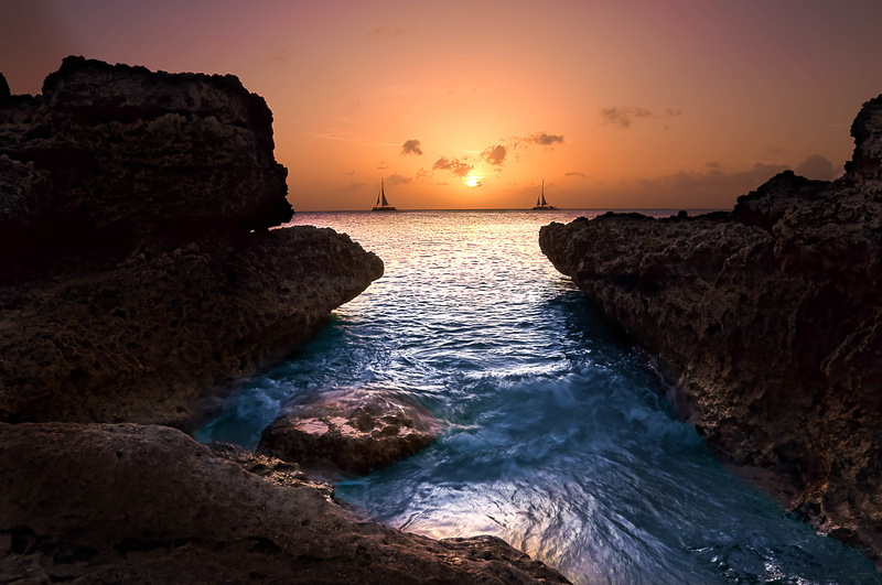 rocks, boats, ocean, Washington, AW, sunset, 4K