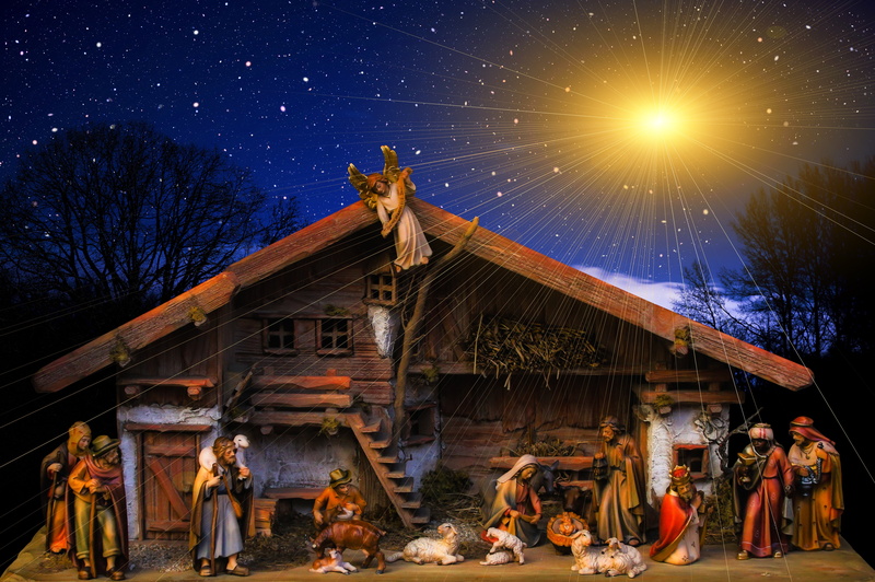 Jesus, Figurine, 4K, Angel, Mary (Mother of Jesus), Night, Christmas, Stars, Holiday