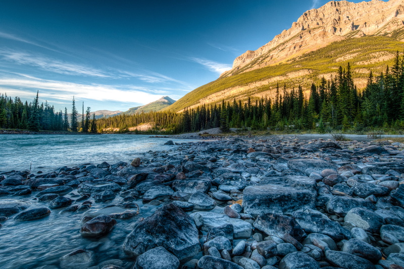 land, day, no people, water, nature, surface level, rocky mountains, canada, mountain, remote, tranquility, sky, alberta, beauty in nature, tree, coniferous tree
