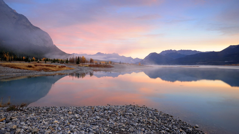 non-urban scene, landscape, scenics - nature, blue, Abraham Lake, tranquility, mountains, outdoors, clouds, lake, remote, sunset, mountain, idyllic, 1080P