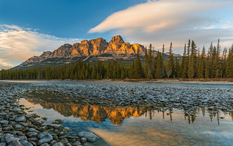 mountain, Alberta, mountains, pine woodland, water, landscape, beauty in nature, mountain range, solid, leafed, scenics - nature, lake, cloud - sky, sunset