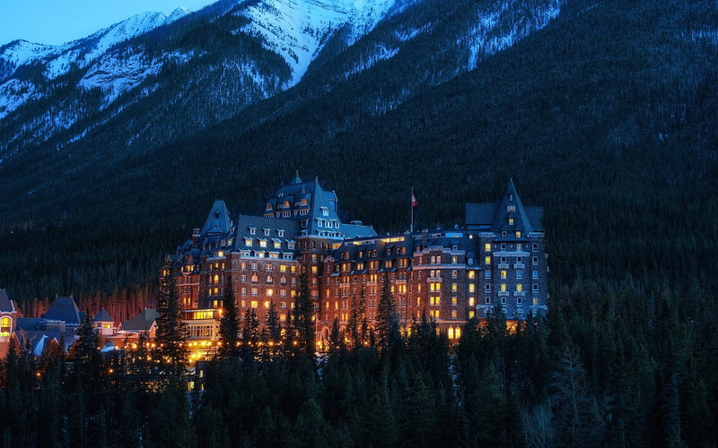 Evening, National, Trees, Hotel, Mountains, Banff, 1080P, Alberta, Park, Lights, Canada