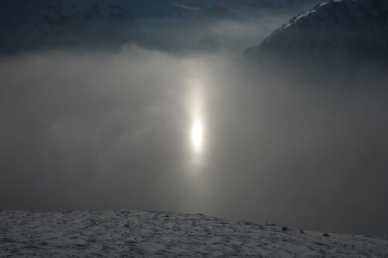 winter, double sun, outdoors, land, fog, idyllic, cold temperature, sky, sun, cloud - sky, reflection, sunlight, scenics - nature, day, sundog, snowcapped mountain