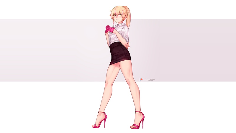 thighs, short skirt, white shirt, traps, 4K, gloves, black skirts, anime boys, high heels, anime, office uniform, original characters, blonde, femboy