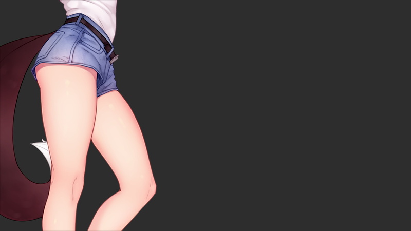 belt, animal tail, bluefield, thighs, fox girl, simple background, 4K, jean shorts, fox tail