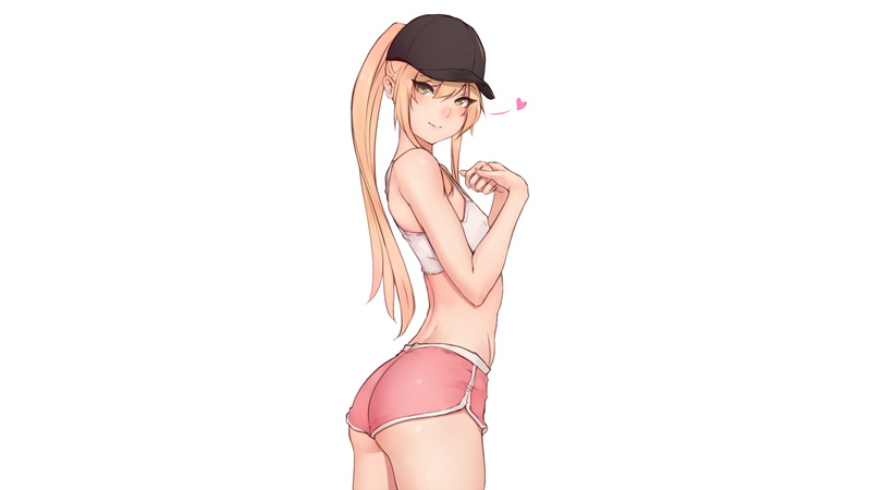 ponytail, boyshorts, white tops, traps, bluefield, anime boys, thighs, looking at viewer, 2K, long hair, blonde, femboy, simple background, pink shorts
