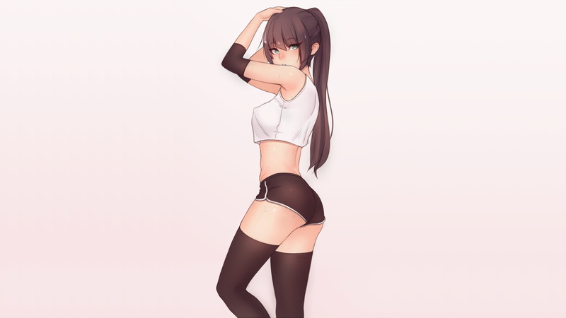 working out, arm warmers, 2K, anime girls, thigh-highs, looking at viewer, anime, tight shorts, black thigh-highs, green eyes, sweat, white tops, zettai ryouiki