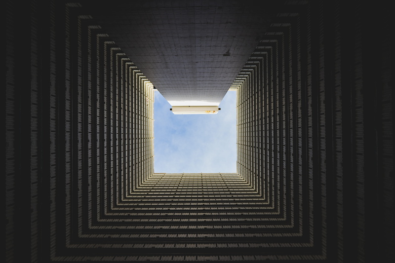 5K, square, building exterior, repetition, sunlight, perspective, china, city, low angle view, geometric shape, pattern, building, bottom view, high, angle