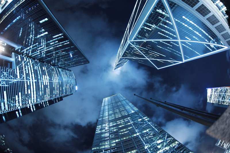 from the bottom up, cloud - sky, no People, architecture, high, building, office building exterior, dusk, cityscape, lighting Equipment, finance, office