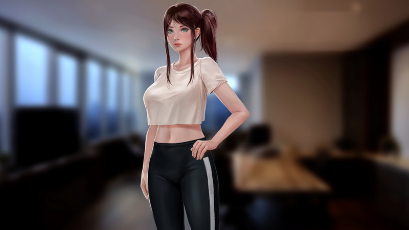 illustration, video game girls, parted lips, leggings, video games, ponytail, League of Legends, drawing, 4K, white tops, T-shirt, looking at viewer, belly