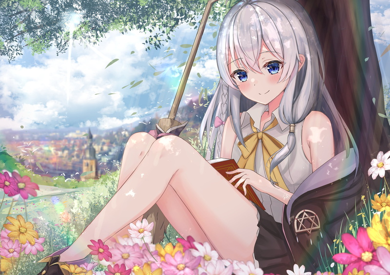 anime girls, blue eyes, white hair, sitting, blush, Majo no Tabitabi, 2K