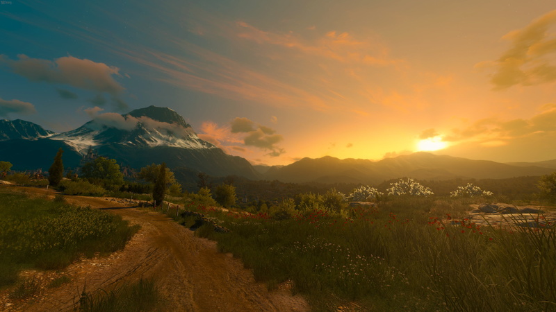 The Witcher 3: Wild Hunt, field, 4K, nature, mountain peak, idyllic, cloud - sky, land, sky, orange color, beauty in nature, mountain range, The Witcher