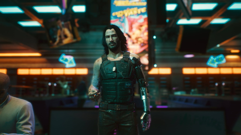 restaurant, neon, 1080P, Keanu Reeves, Cyberpunk 2077, depth of field, smoking, focused, cyberpunk, Johnny Silverhand
