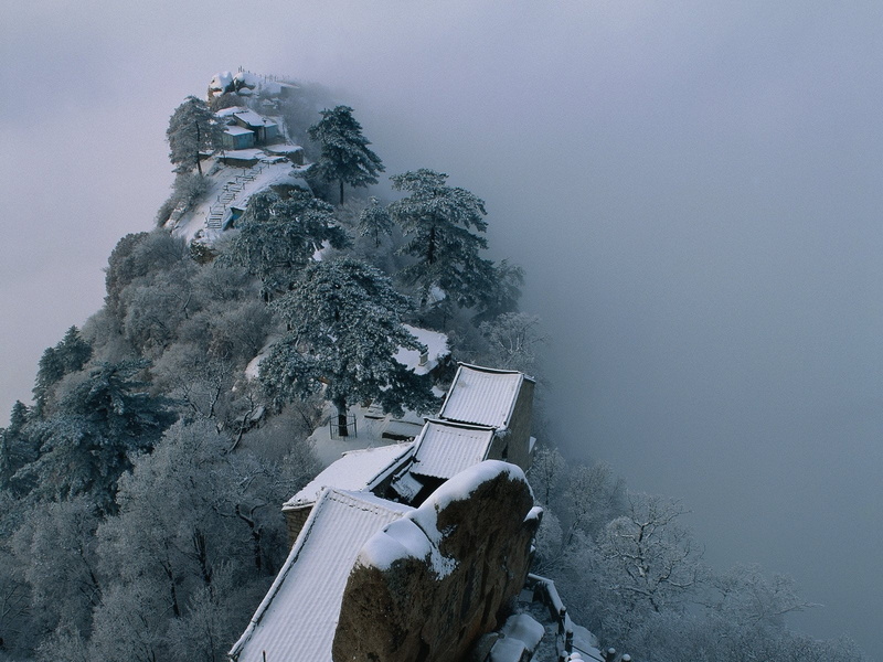 blizzard, fog, china, land, high angle view, extreme weather, mountain, trees, landscape, weather, built structure, snowcapped mountain, mountain peak