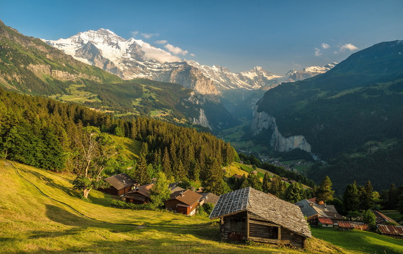 panorama, forest, 1080P, the sky, Wengen, the sun, valley, mountains, Switzerland, the view from the top, houses, slope, trees, gorge, rocks