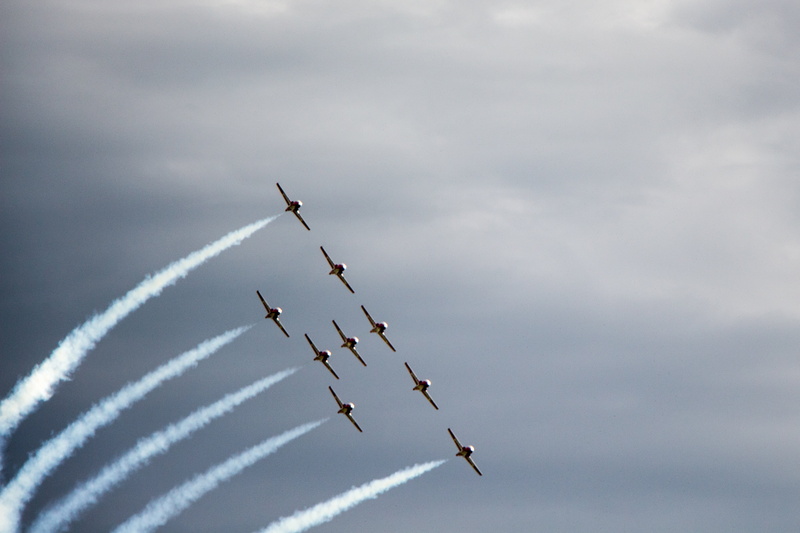 power, stunt, white, fast, squadron, wetaskiwin, performance, speed, flying, flight, air, high, cloud - sky, formation, no people, hawk, plane, day, aviation