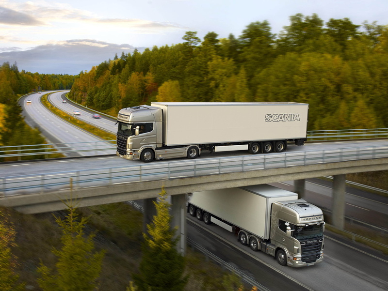 scania, bokeh, 2K, trees, trucks, road