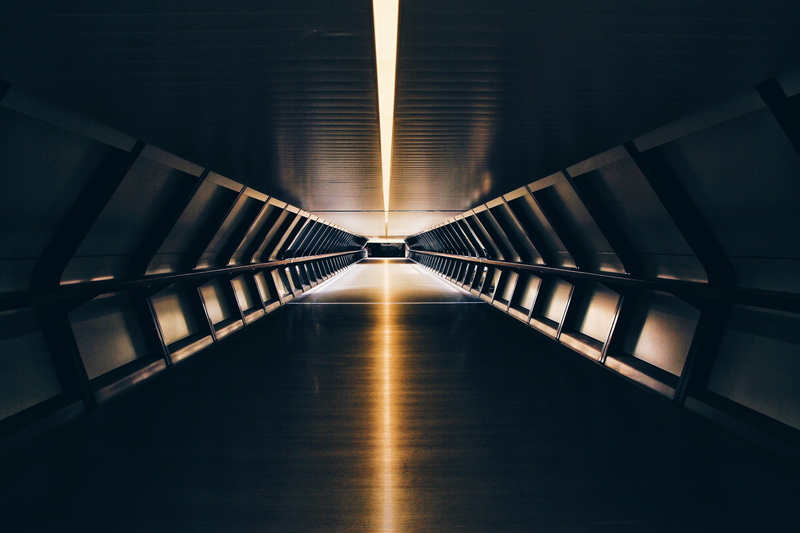 transportation, dim, walkway, futuristic, architecture, water, light, tunnel, night, reflection, connection, illuminated, photo, diminishing Perspective
