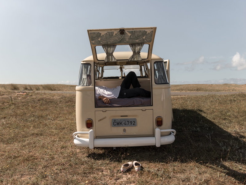 volkswagen, adult, outdoors, couple - relationship, leisure activity, mode of transportation, sitting, van, beige, playa, women, camper van, togetherness