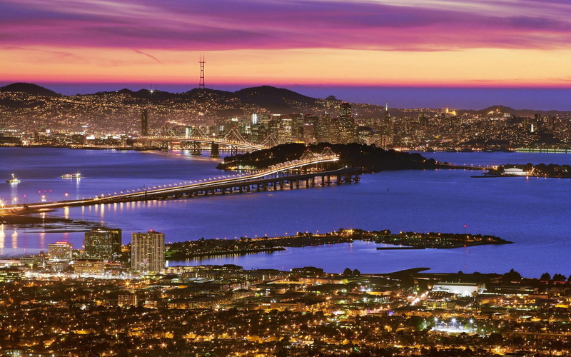 lights, 720P, sunset, water, sea, California, San Francisco, landscape, bridge