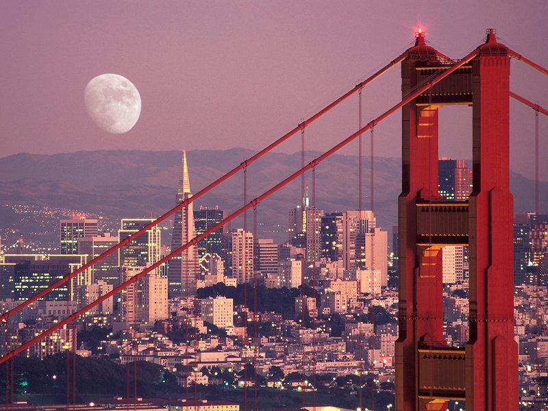 bridge, travel destinations, built structure, city life, residential district, San Francisco, night, skyscraper, architecture, connection, Moon, office building exterior