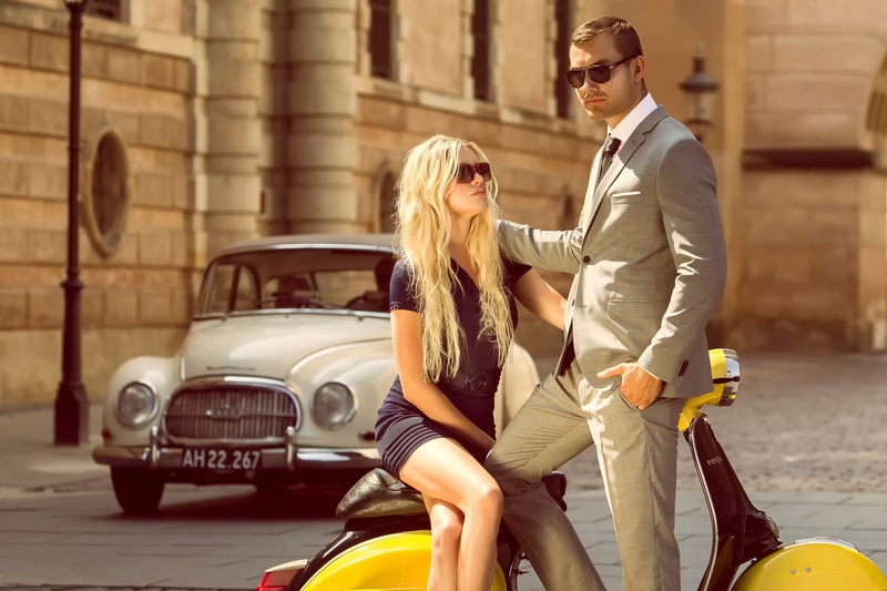 girlfriend, motor Scooter, street, summer, elegance, city, motor vehicle, dating, flirting, Summer in Copenhagen, men, cheerful, vacations, glasses, fashion Model