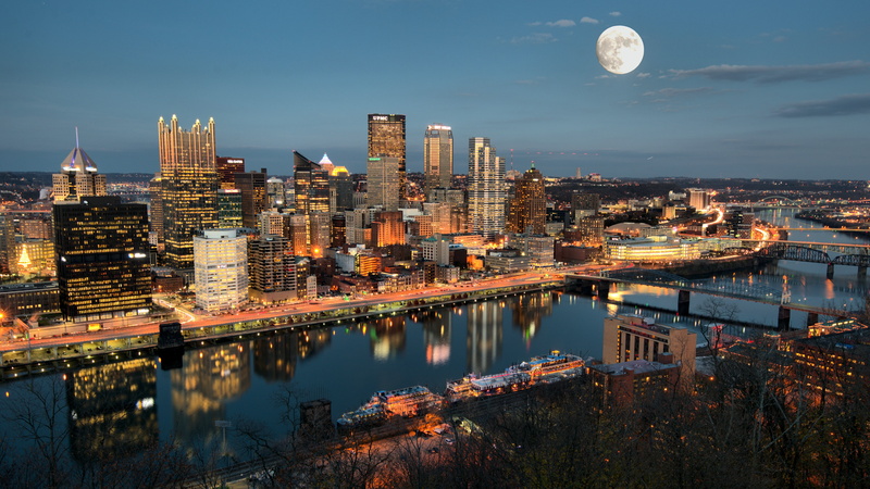 united states, cityscape, pennslyvania, skyline, full moon, dusk, reflection, allegheny river, 4K, sky, downtown, pittsburgh, river, evening, moon, night