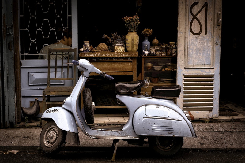 1080P, pavement, moped, scooter, wheel, architecture, café, motor vehicle, parked, window, store, drive, road, retro styled, garage, transportation, door