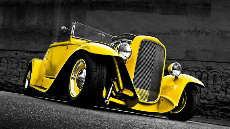 ford, mode of transportation, custom, architecture, stationary, hot rod, motor vehicle, day, silver colored, close-up, wall, yellow, retro car, car, transportation