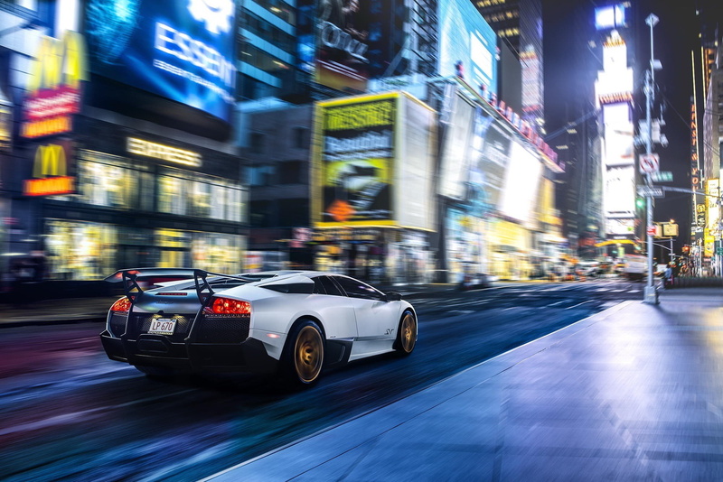 night, 1080P, New York City, USA, Times Square, car, Lamborghini Murcielago LP 670-4 Super Veloce, motion blur