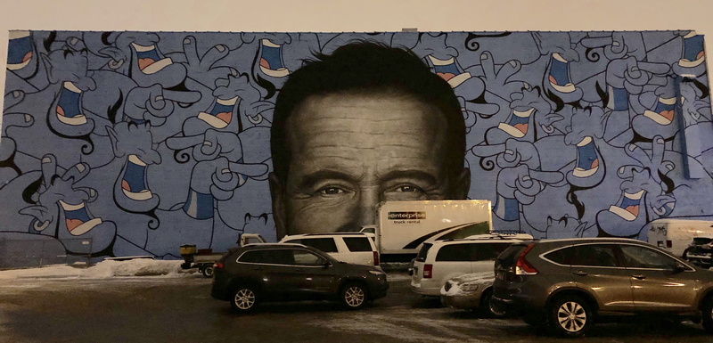 painting, males, black, 2053 n milwaukee ave, front view, wheel, chicago, robin williams, parking lot, human face, transportation, parked, portrait, land vehicle