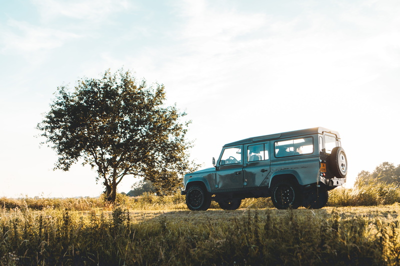 transportation, nature, landscape, beauty in nature, machine, sky, defender, motor vehicle, automobile, outdoors, bush, near, jeep, field, vegetation, person