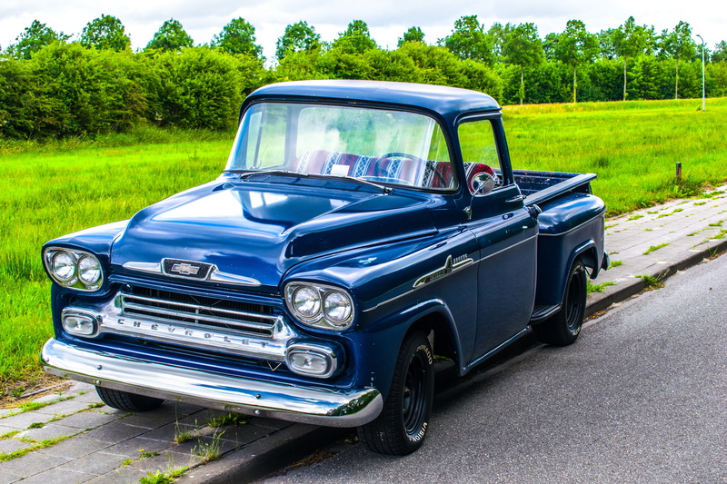 day, silver colored, field, Apache, 5K, chevrolet, blue, parking, road, nature, street, no people, retro styled, transportation, green color, daytime