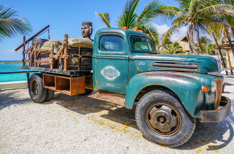cab, blue, coconut palm tree, tropical climate, palm tree, mexico, classic, beach, cozumel, truck, day, vintage car, transportation, parked, mode of transportation