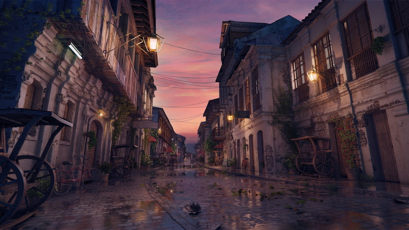 building, street, 1080P, lights, Vigan Sunset, oldstreet sunset