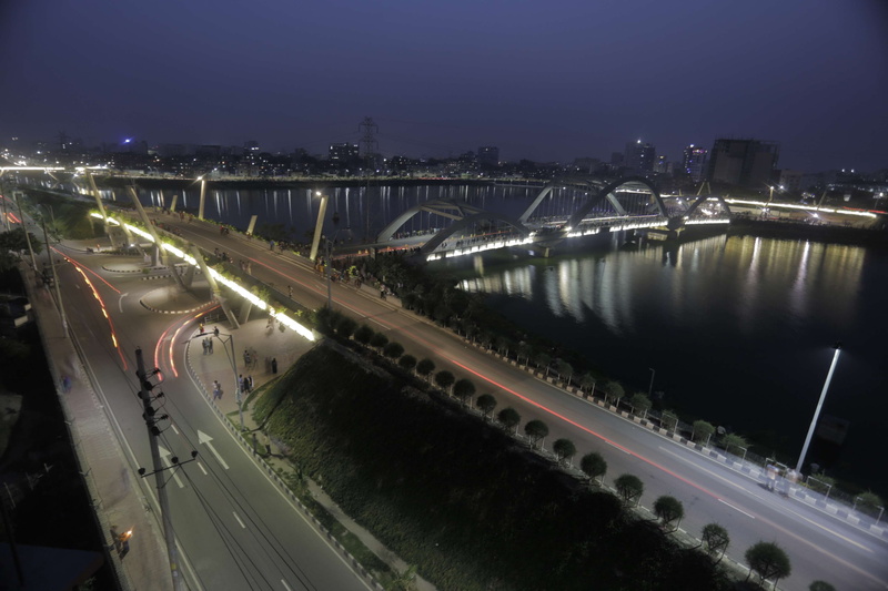 high angle view, city, water, outdoors, built structure, bridge - man made structure, building exterior, sky, 4K, dhaka, street, transportation, illuminated