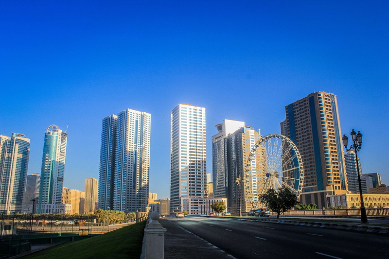 urban skyline, street, sky, dubai, sharjah, built structure, blue sky, skyscrapers, travel destinations, residential district, landscape, cityscape, 4K
